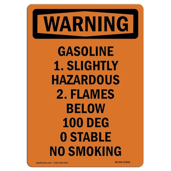 Safety Sign, OSHA WARNING, 24" Height, Aluminum, Gasoline 1. Slightly Hazardous, Portrait